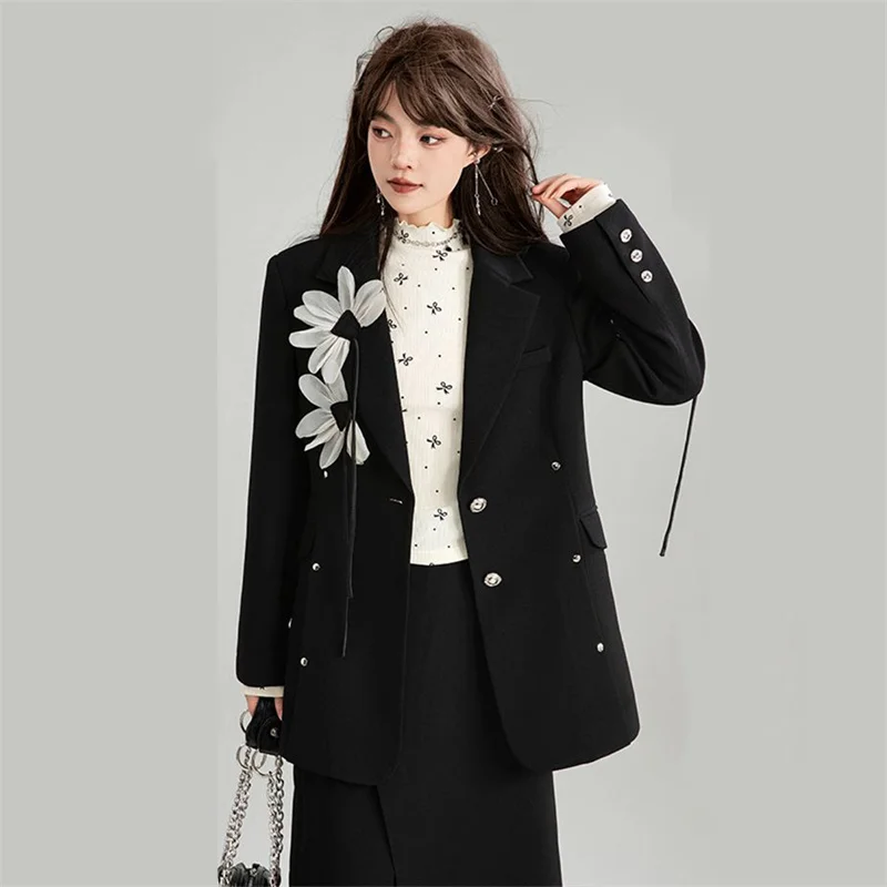 Korean Blazers,Handmade floral black Suit Jacket, For Women,Spring Autumn ,new commuting style, Slim Blazer Suit