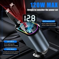 4 in 1 Retractable Car Phone Charger 120W Super Fast Charger with Starry Sky Light USB and Type-C Port Car Charger Power Adapter