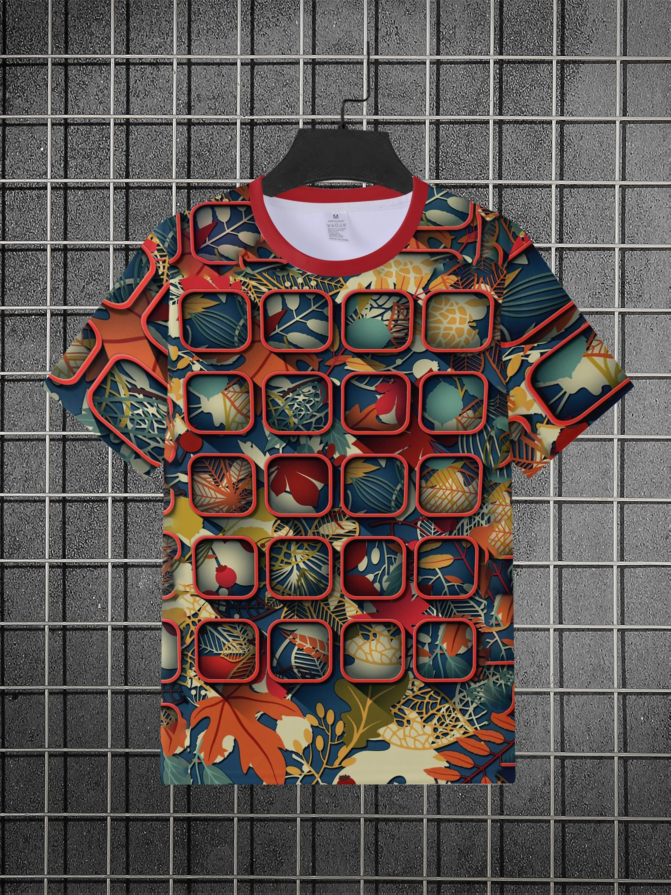 Men 3D Square Frame Autumn Maple Leaf Floral Print Red Collar Crew Neck Short Sleeve T-shirt
