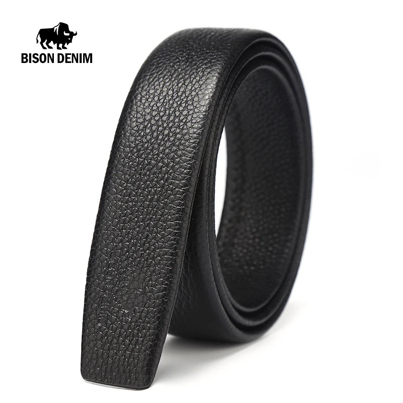 BISON DENIM Men No Buckle Belt High Quality Genuine Leather 3.4cm Width Belts Luxury Waistband Without Buckle Jeans Accessories