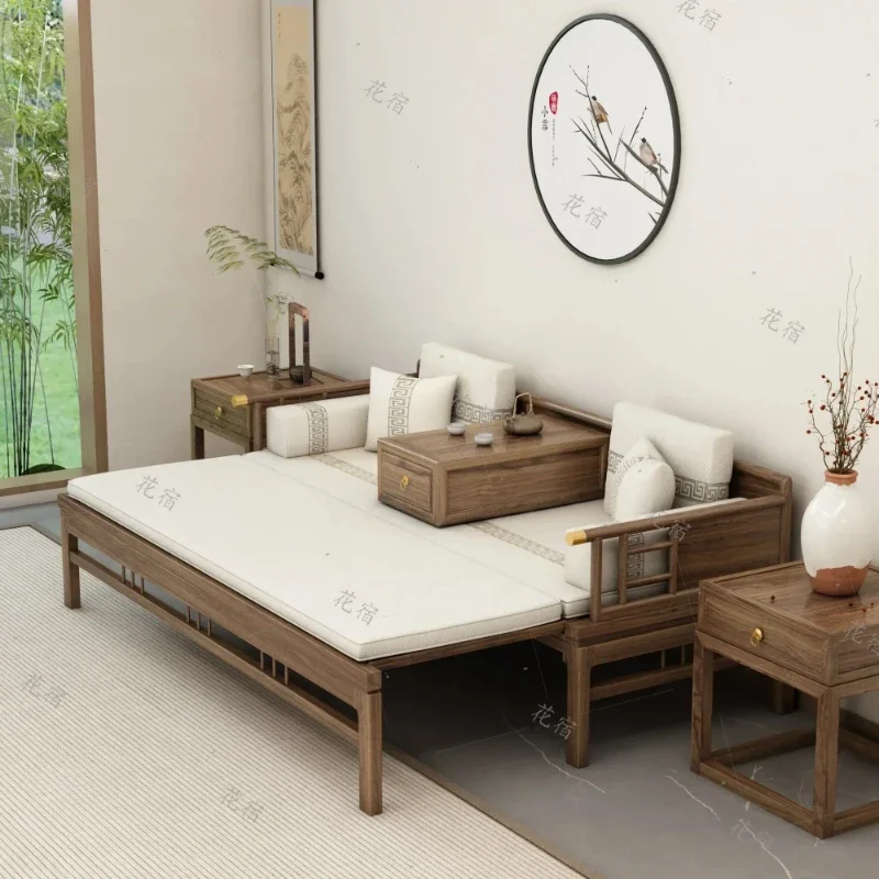 y9-Solid wood push-pull bed Arhat bed small apartment living room simple sofa bed folding dual-purpose