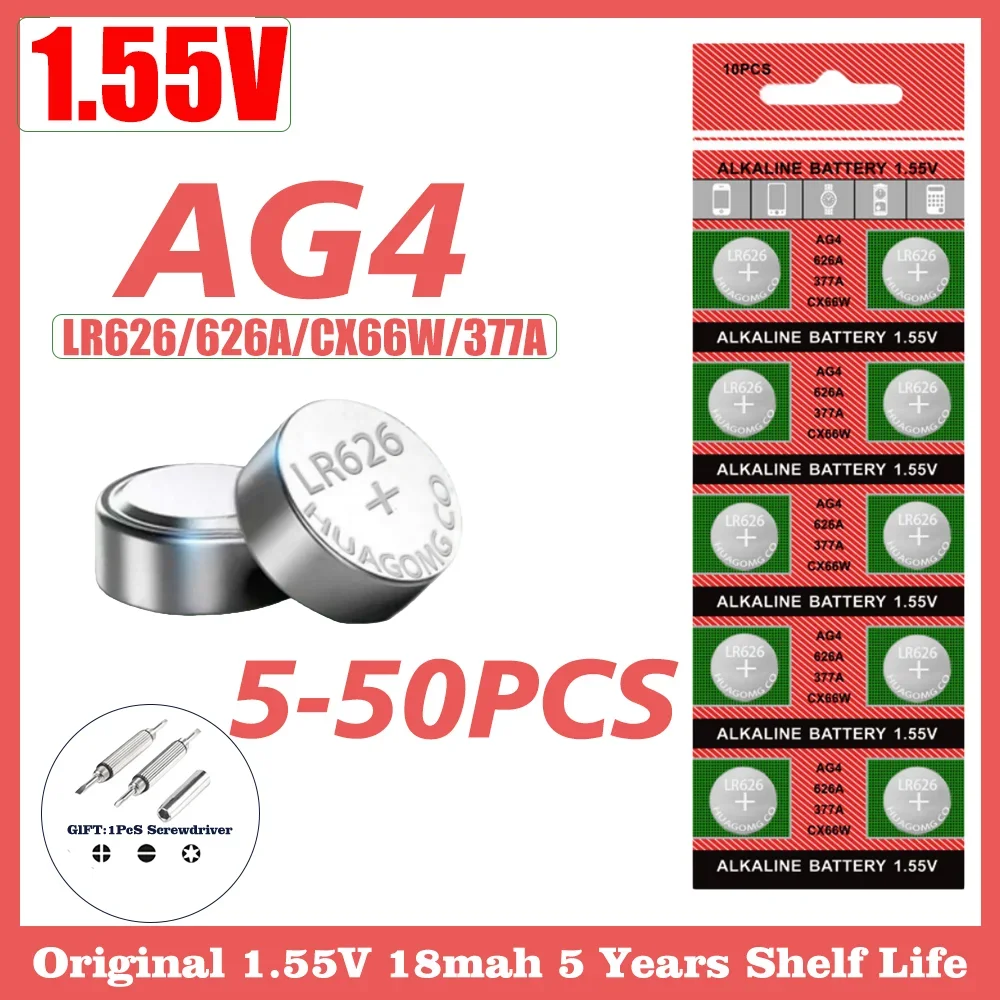 Alkaline Button Cell Battery AG4 377 SR626SW 1.5V 5-50PCS Coin Cell Replacement for Watch Clock Toy LR626 626A 376