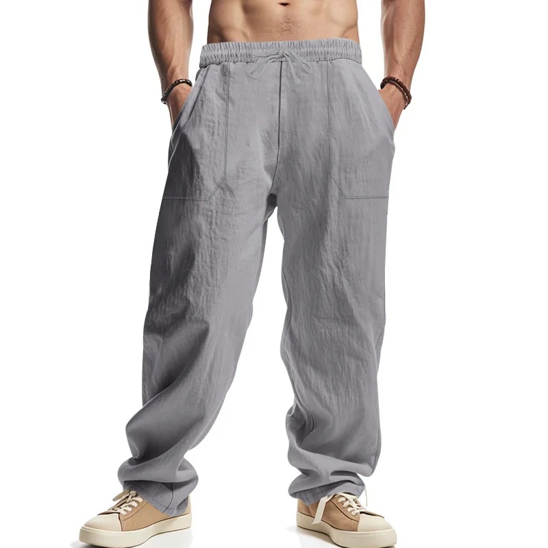 

2025 Autumn Mens Casual Board Cotton Linen Bloomers Solid Color Full-Length Trouser Mens Loose Drawstring Wide Leg Pants