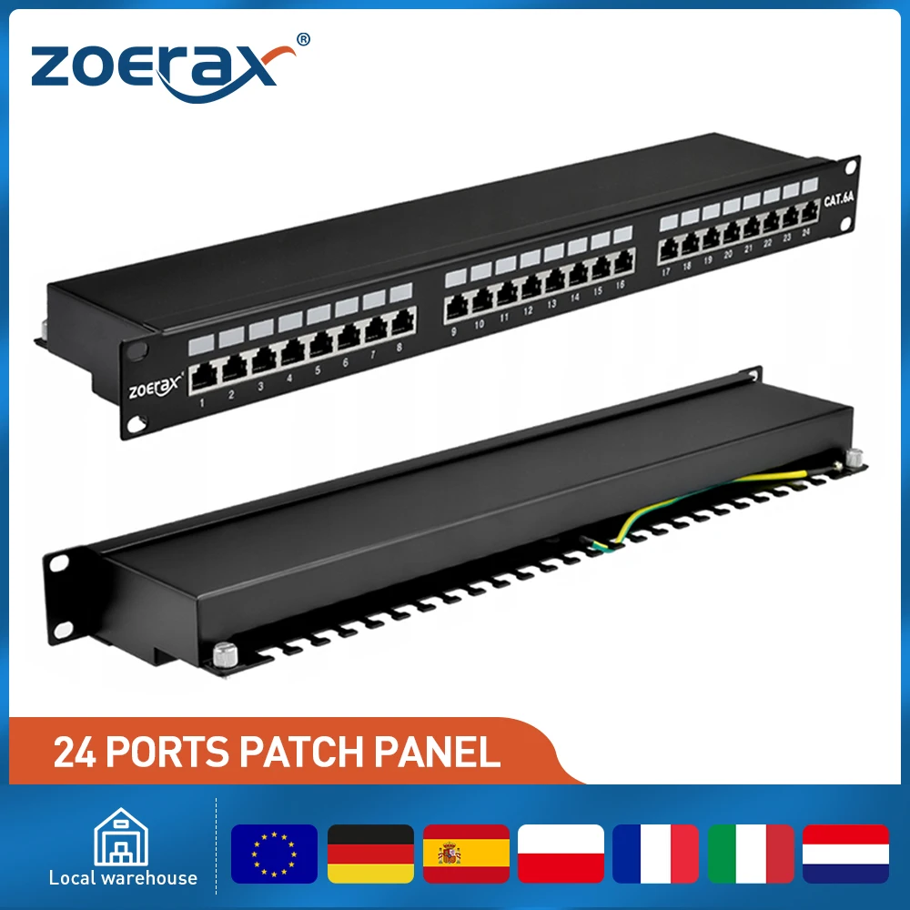 ZoeRax 24/12 ports RJ45 CAT6A panneau de brassage blindé RJ45 CAT6A CAT6 organisateur de câbles intégré réseau 1U panneau de brassage 19 pouces
