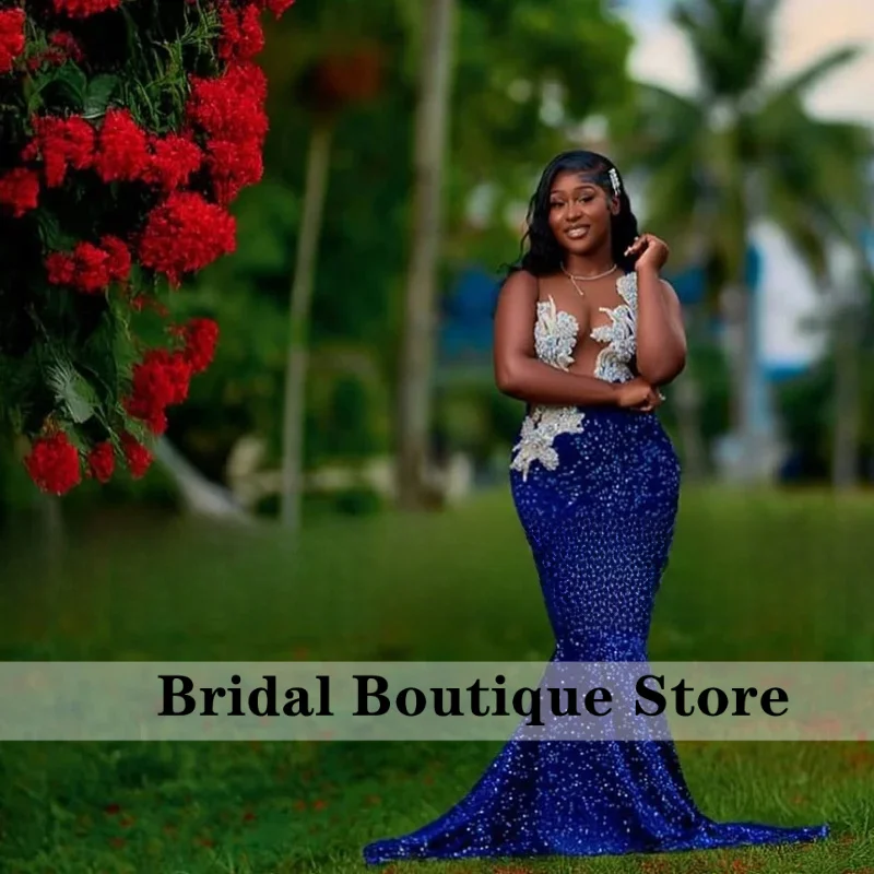 Stunning Blue Prom Dresses 2025 Luxury Mermaid Party Dress Long Crystal Sequined Elegant Celebrity Evening Gowns Customized