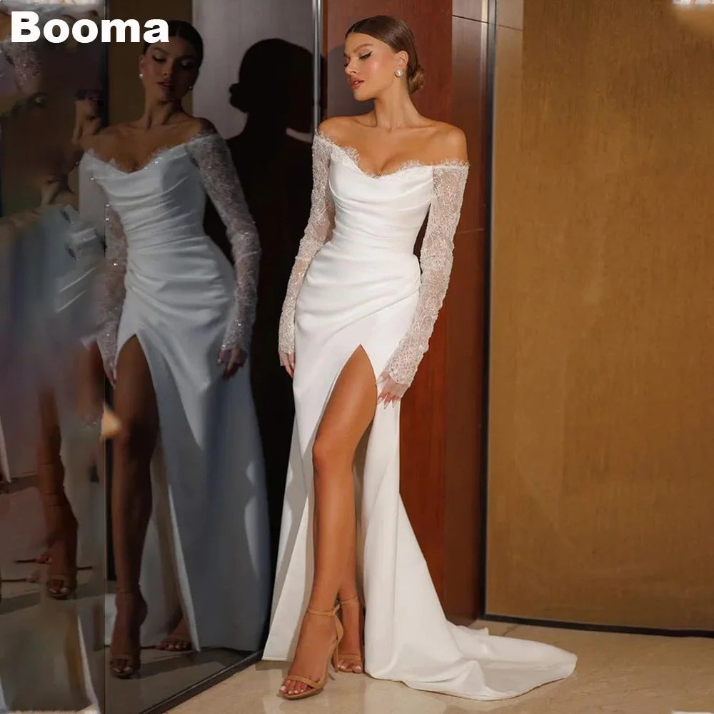 Booma Elegante Zeemeermin Trouwjurken Off Shoulder Kanten Mouwen Bruiden Feestjurken Hoge Zijde Split Lange Avondjurk Voor Bridals