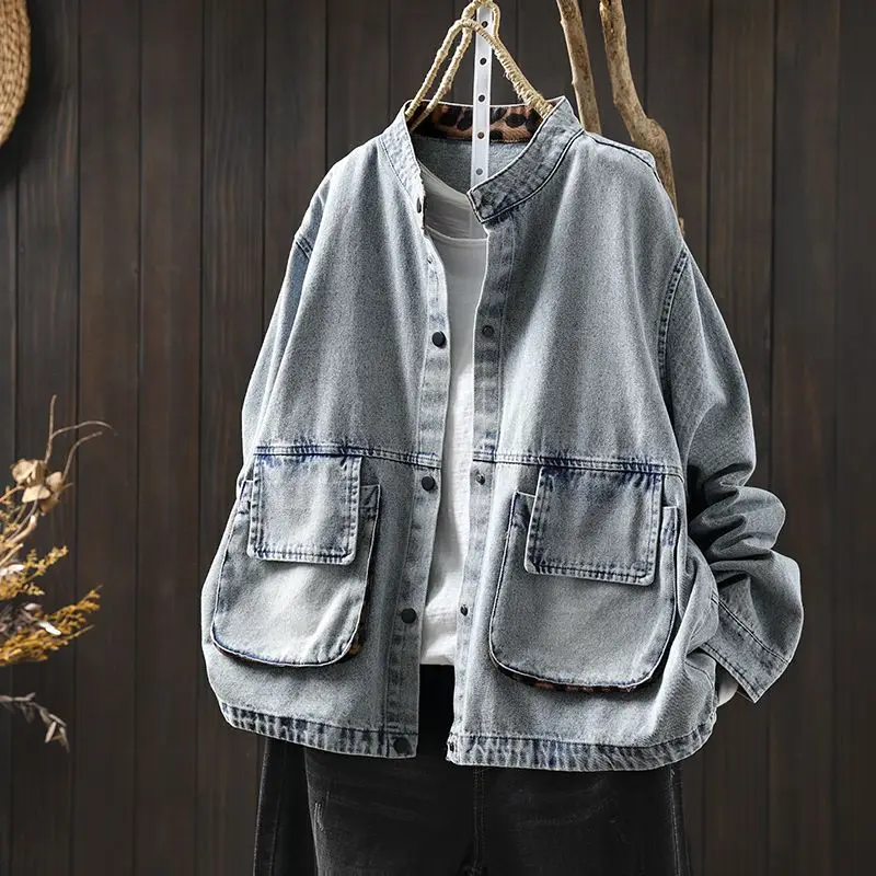 Women's Fall Loose Stand Collar Denim Jacket Vintage Patchwork Snap Short Coat with Large Pockets Slim Casual Outerwear