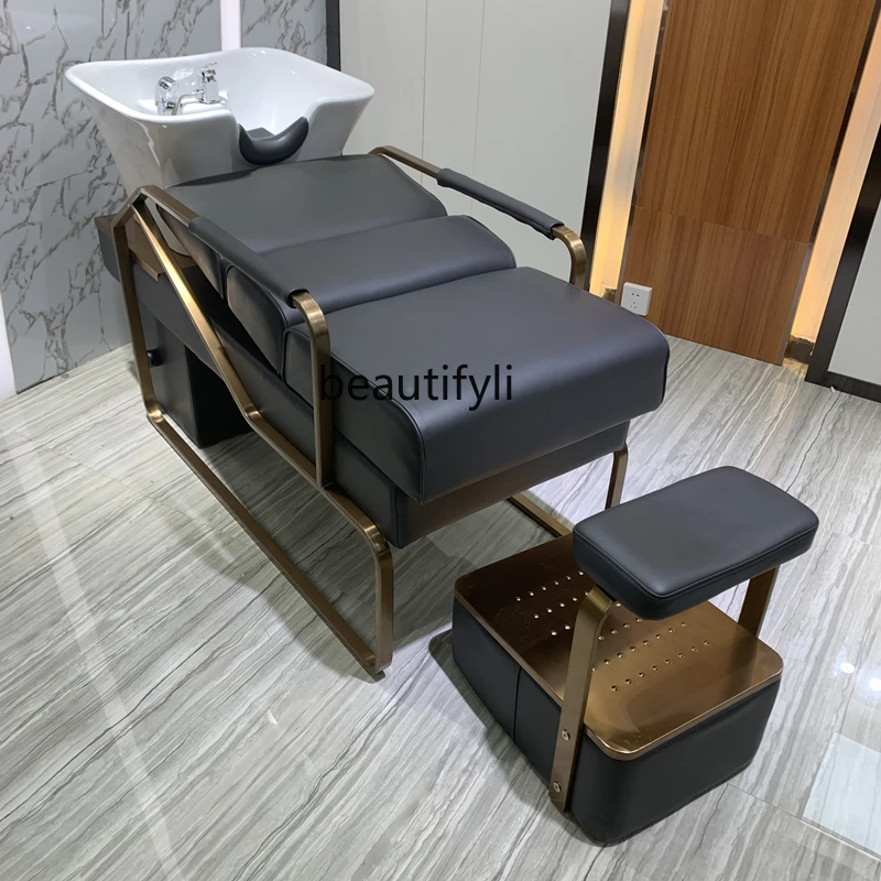 New Hair Saloon Dedicated Flat Lying Hairdressing Shampoo Flushing Bed Hair Salon Shampoo Stainless Steel Ceramic Basin