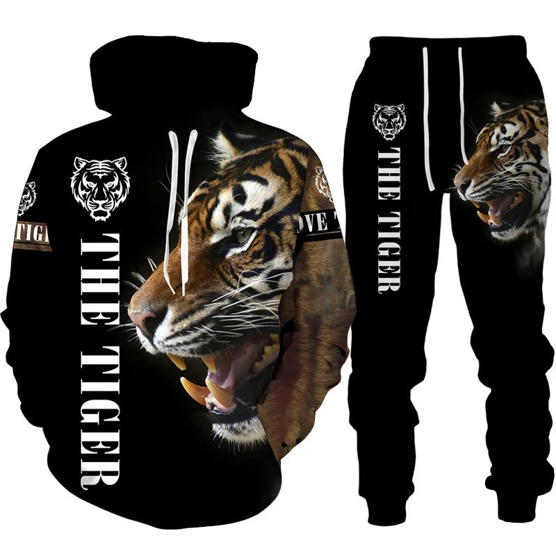 Cool Tiger 3D Animal Print Hoodie+Pants Suit Long Sleeve Pullover Men\'s Sportswear Tracksuit Couple Outfit Two Piece Jogging Set