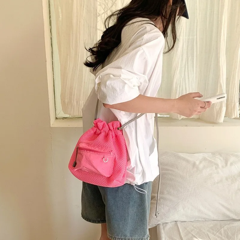 

Leisure Mini Crossbody Bag Creative Girl Shoulder Bag Mesh Eye Cloth Drawstring Wrinkled Bucket Bag for Women