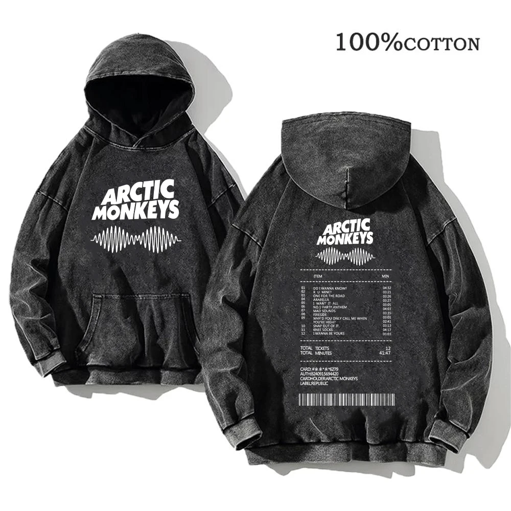 Retro Rock Printed Hoodies Arctic Monkeys Music Album Graphic Pullover Men\'s Vintage Washed Oversized Hoodies Hip Hop Streetwear