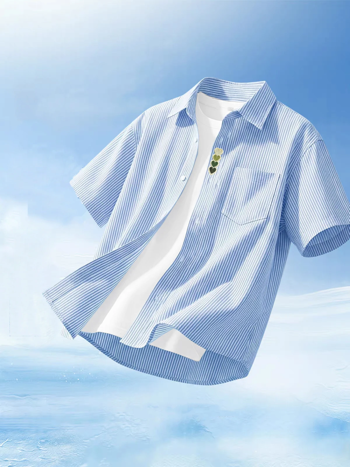 Summer Trendy Fashion Men's Design-Inspired Heart Applique Print Short-Sleeved Striped Casual Loose Shirt