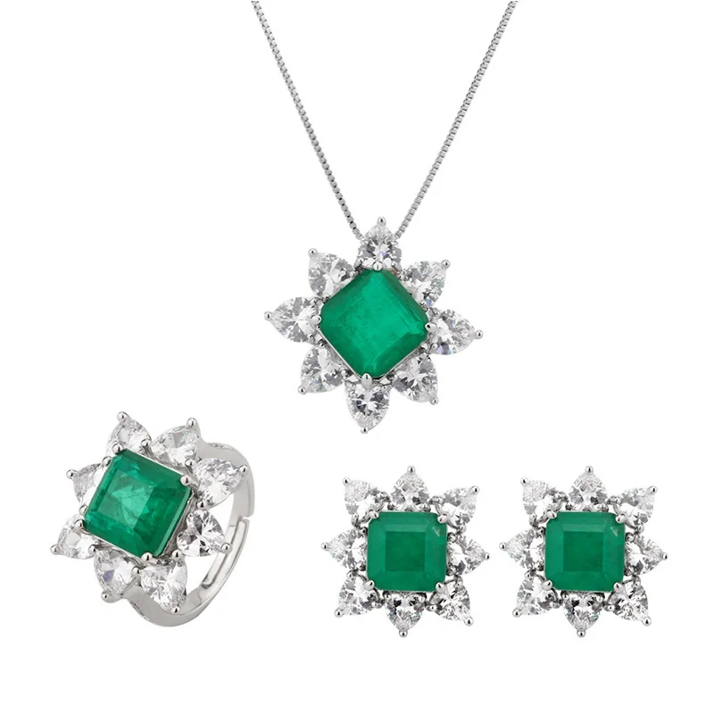 EYIKA Retro Heart Zircon Flower Jewelry Set Princess Cut Green Fusion Stone Stud Earring Ring Necklace For Women Wedding Party