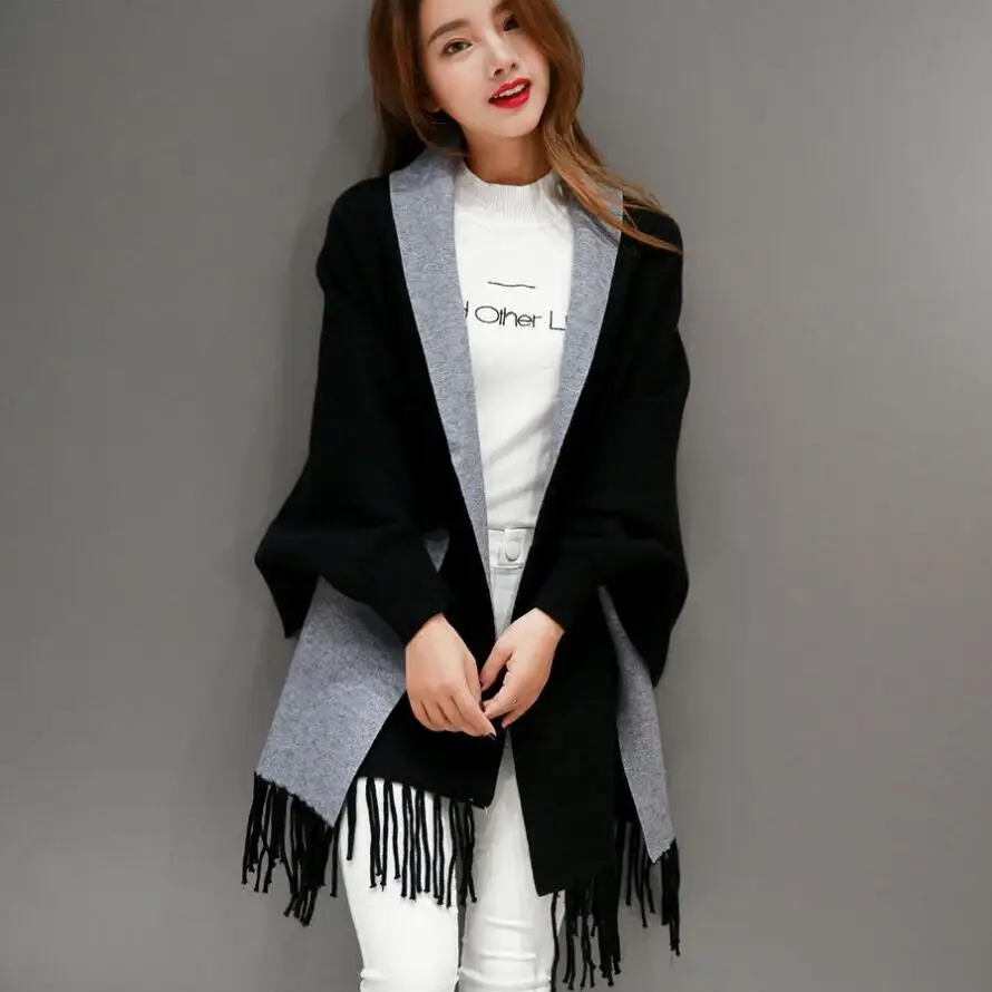 Autumn Winter Fashion Lady Tassel Knitted Shawl Sweater Women Solid Tassel Batwing Sleeve Poncho Cardigan wrap swing