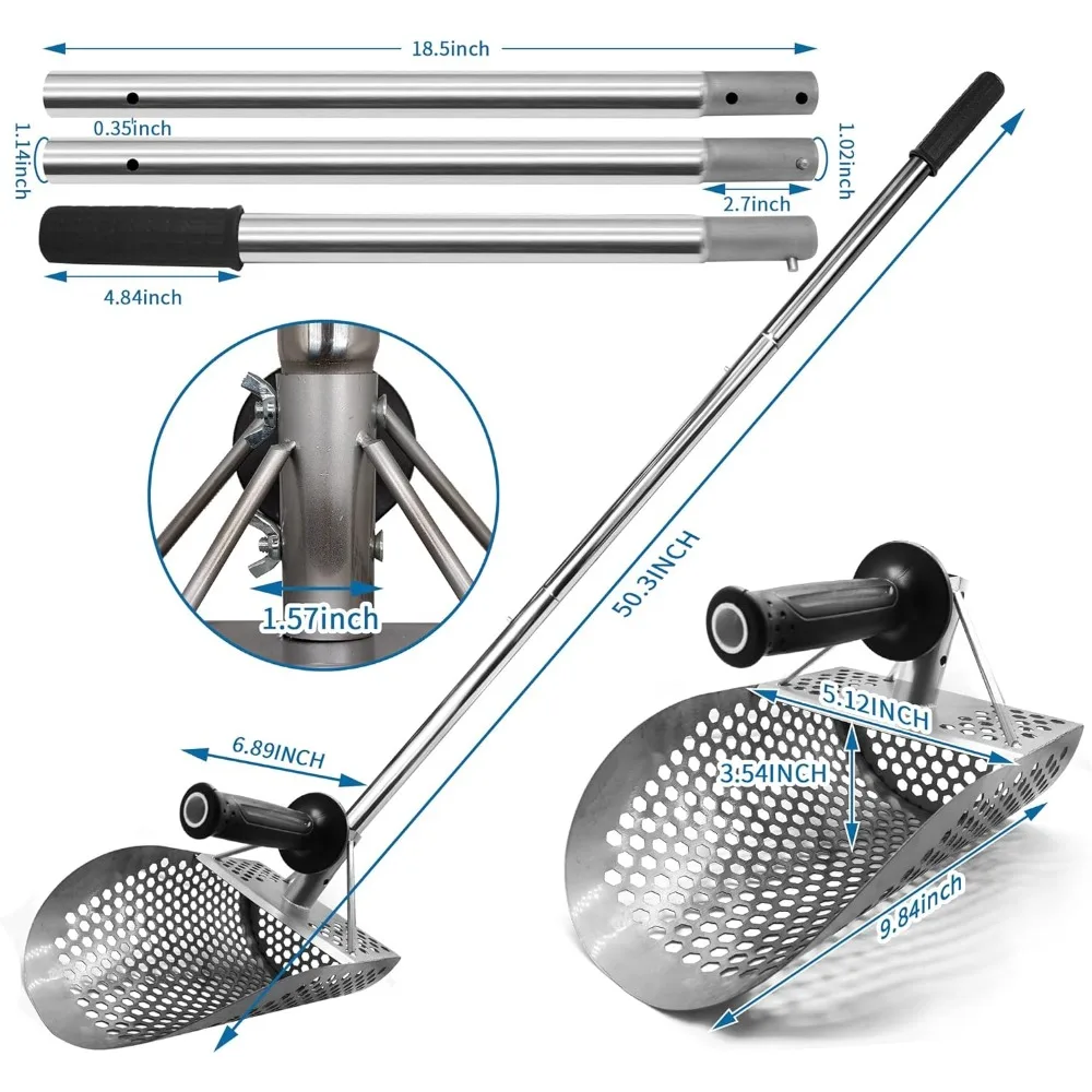 Metal Detecting Sand Scoop,50.3in Heavy Duty Metal Detecting Shovel,Stainless Steel Metal Detector Scoop with 9.87in Big Shovel