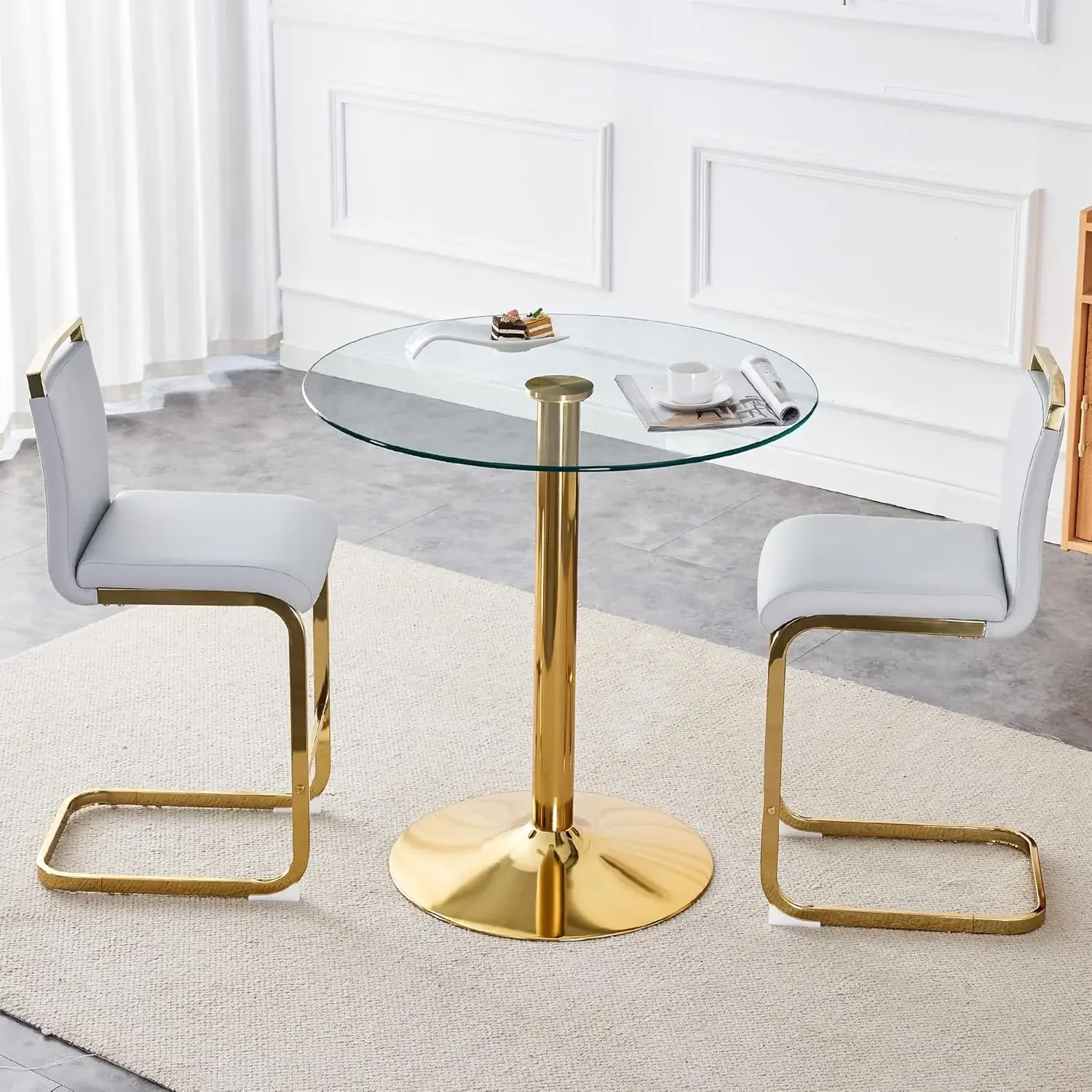 3- Round Bar Table Set,Round Counter Height Dining Table Set,35" Tempered Glass Pub Table and Light Grey Chairs,Round Gold bar
