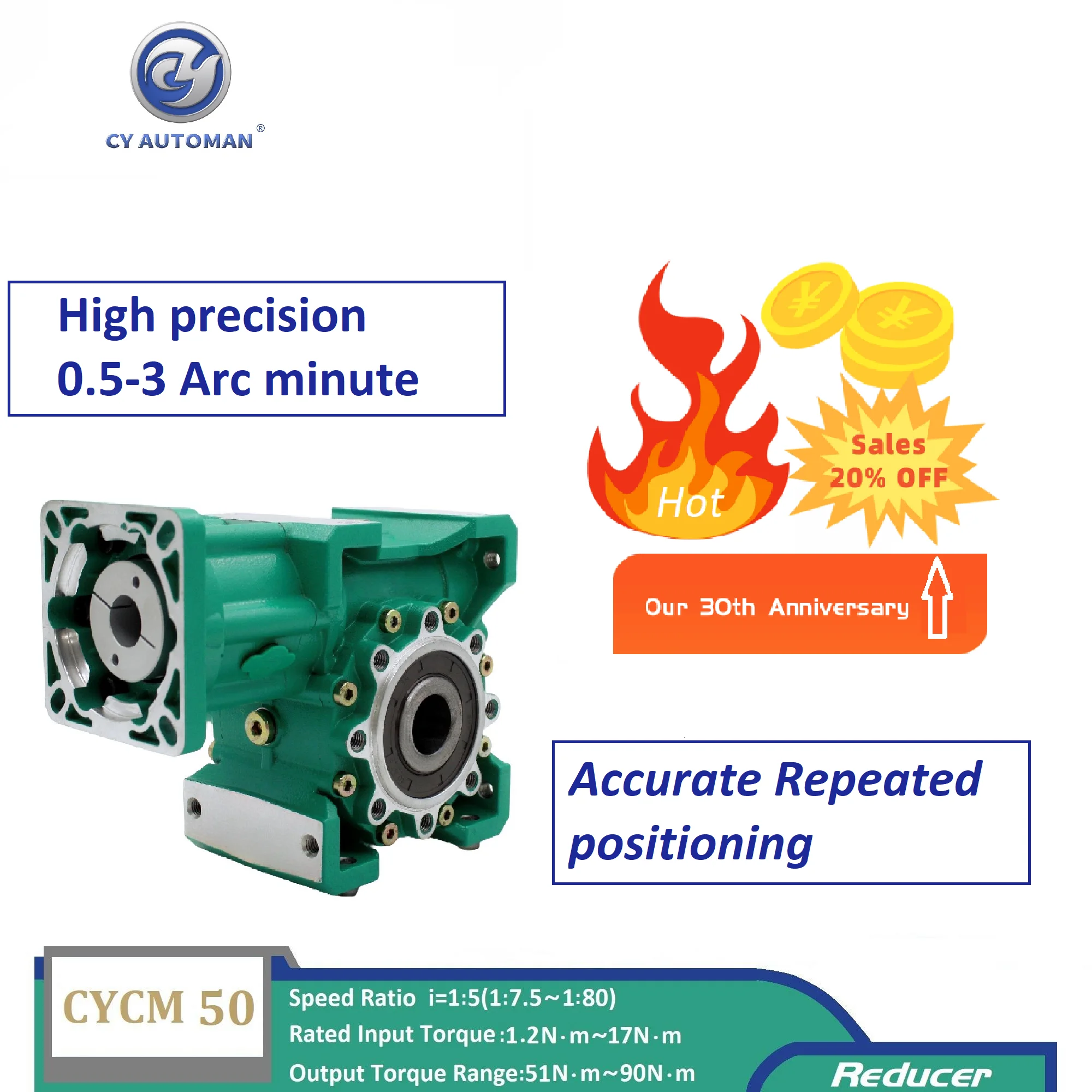 

CY Automan Repeated Positioning 0.5-3 Arc Minute Worm gearbox CYCM 50 Servo Input shaft14/19/20/22mm Output 25mm Ratio 5:1/80:1