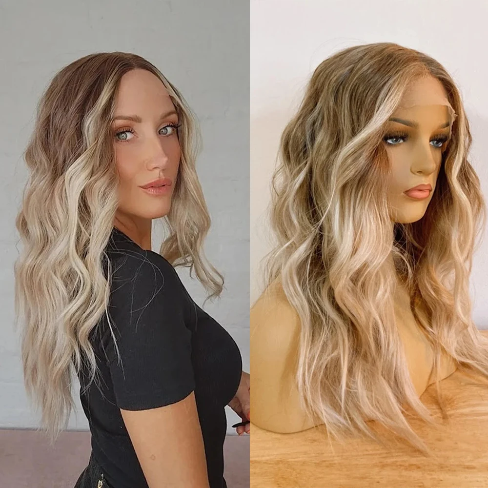 Premium Heat-resistant Fibre Wig Synthetic Beachy Waves Blonde Balayage Lace Front Wig Glueless Transparent Swiss Lace Daily Wig