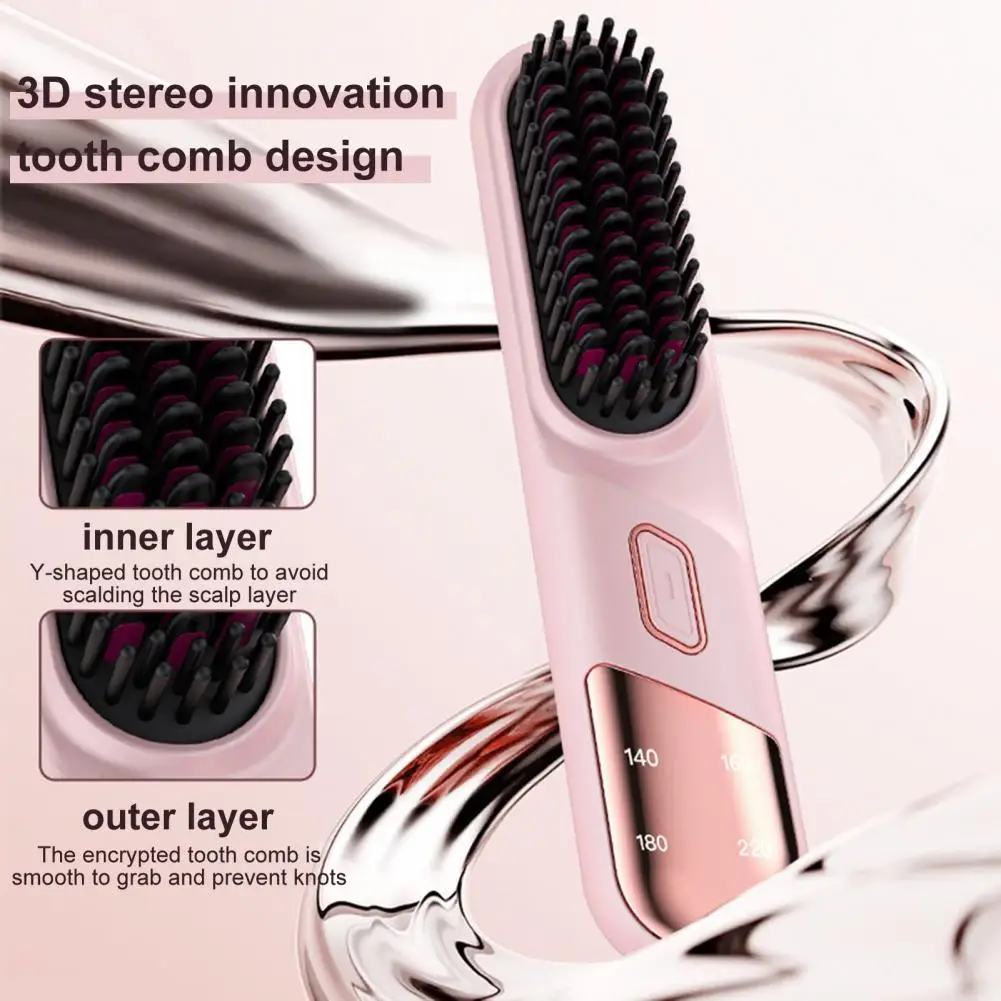 Wet And Dry Hair Straightener Brush Fast Heating USB Cordless Negative Ions Hot Brush Fluffy Curly Hair Styling Detangling Comb