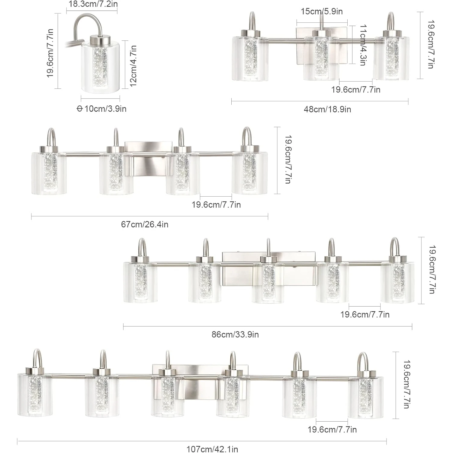 Lámparas de baño de níquel cepillado con 3 luces, luces de tocador, cristal de burbujas, regulable, aplique de pared con 3 temperaturas de Color