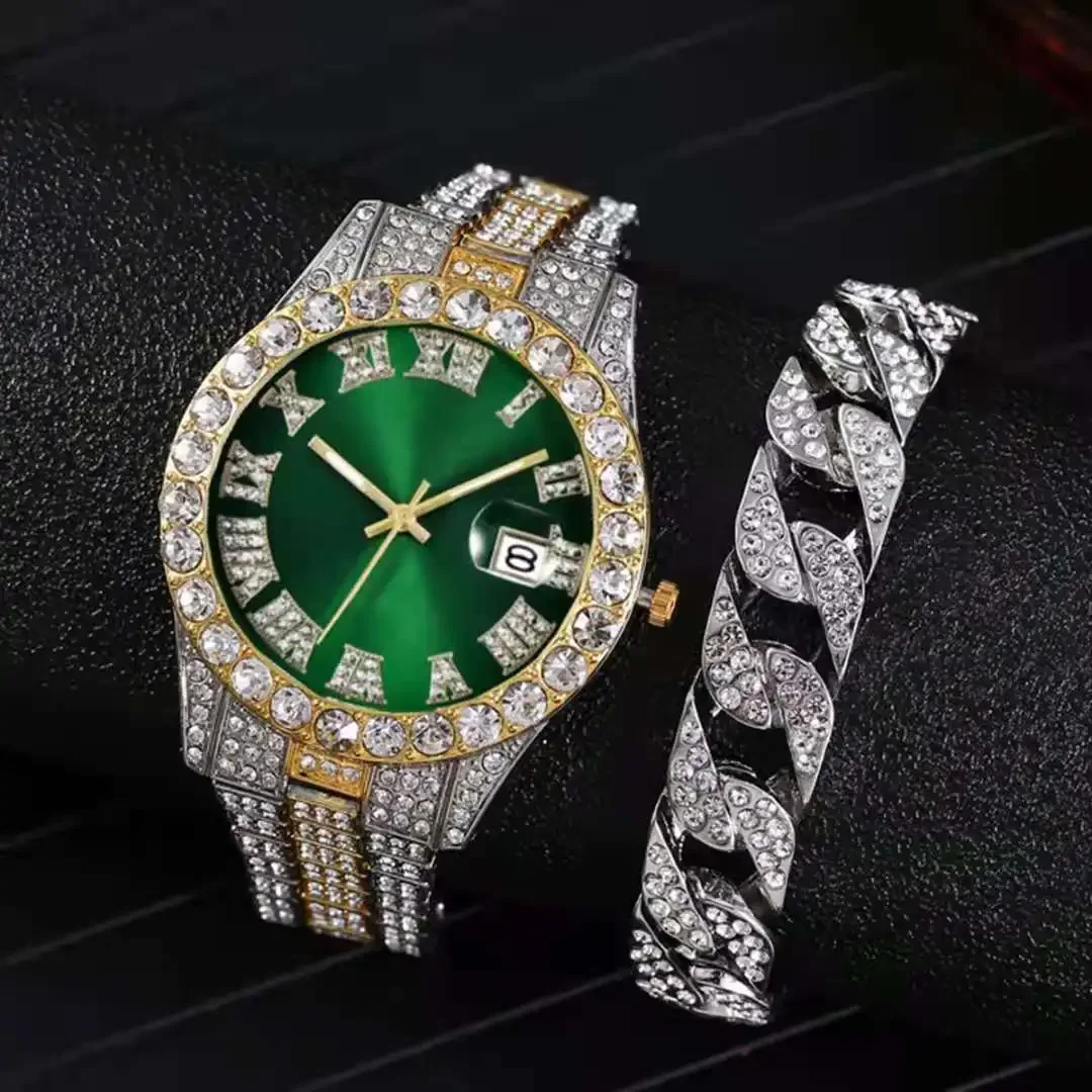 Luxury Full Iced Out Watch for Men Bracelet Big Gold Cuban Chain Watch Hip Hop Watch Men Miami Rhinestone CZ Bling Jewelry Set