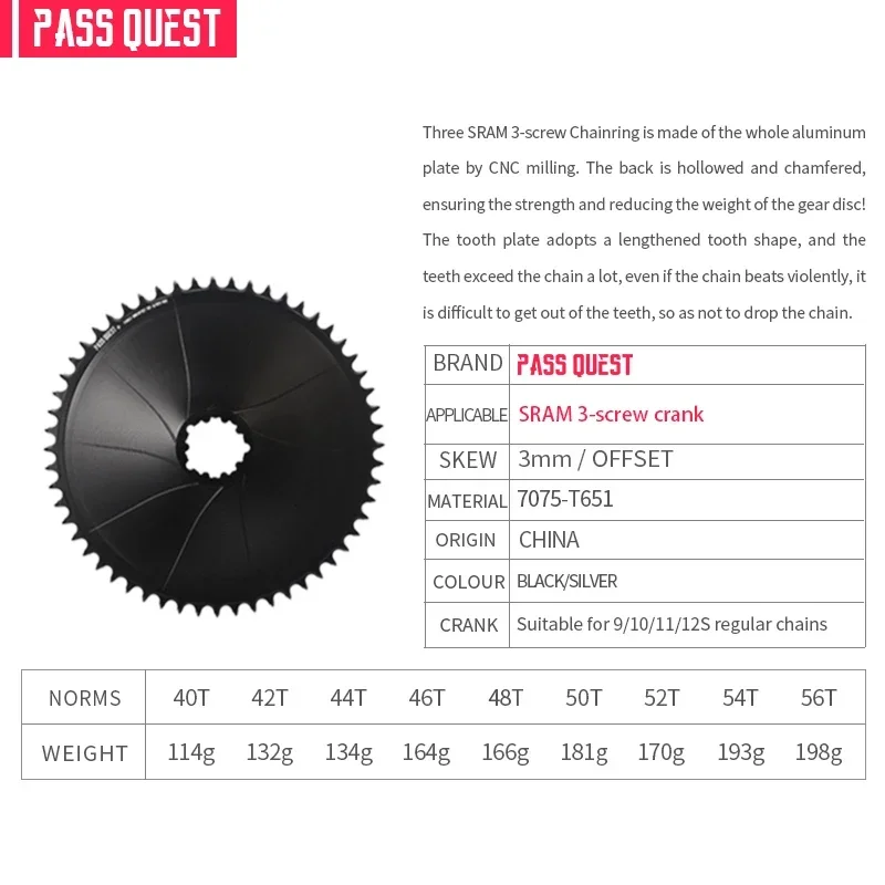 PASS QUEST 3mm Road/Gravel Bike Chainring Narrow Wide Teeth AERO Sprocket 40T-56T for SRAM 3 Bolt Direct Mount Crank 9/10/11/12S