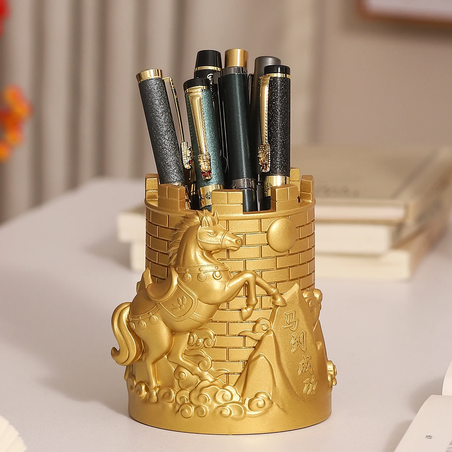 Golden Horse Castle Sculpture Pen Holder, Creative Desktop Stationery Organizer, Tabletop Decor Ornament for Home & Office