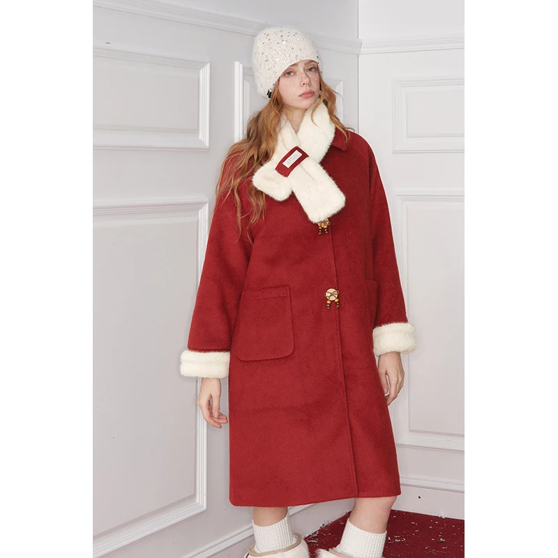 ELFSACK Y2K Preppy Bow Button Plush Turn Cuff Scarf Warm Coat For Women