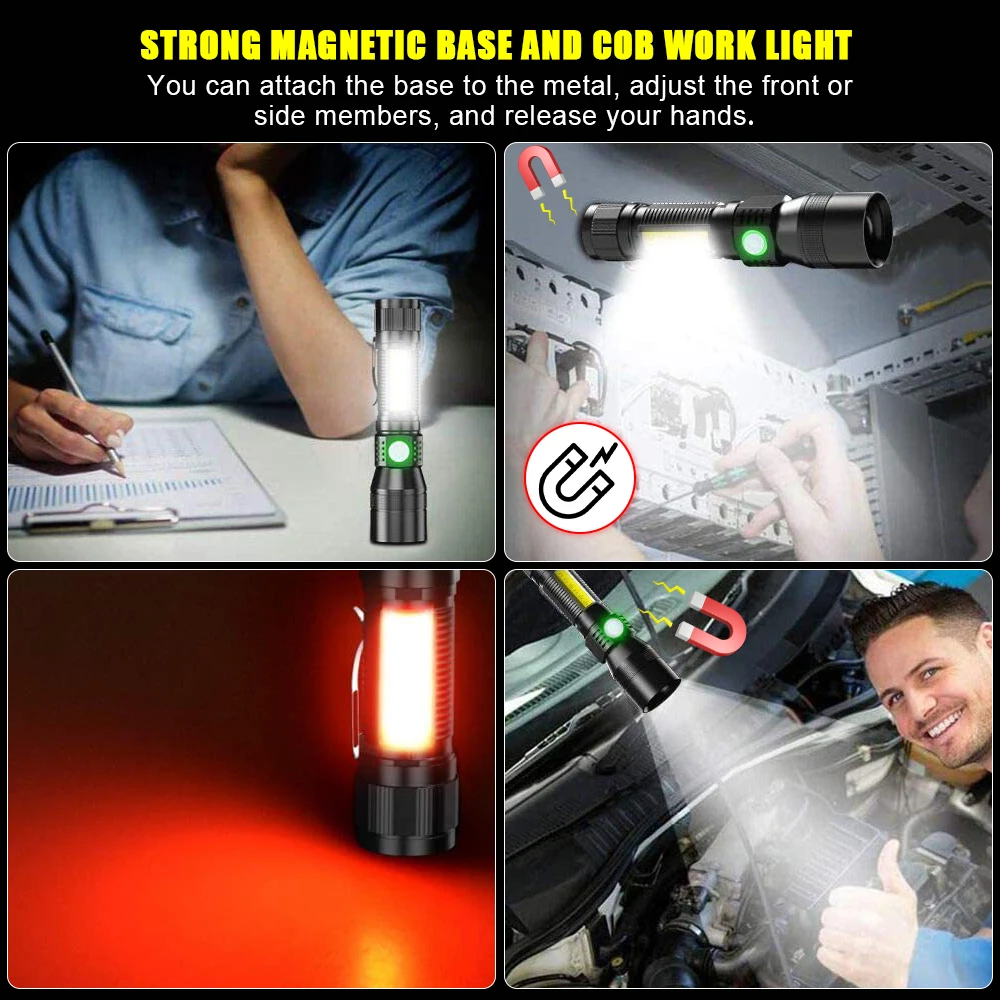 3in1 Flashlight UV Light & Red light & Strong Light Zoomable Flashlight Magnetic LED Torch with COB Sidelight Rechargeable Torch