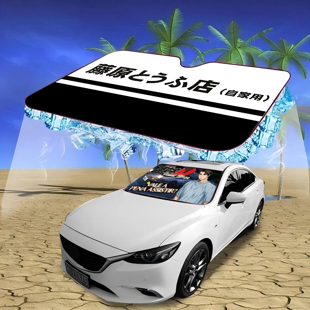 Initial D ม่านบังแดดรถยนต์ครีมกันแดดด้านหน้าฉนวนกันความร้อนระบายความร้อนอลูมิเนียมรถฤดูร้อนพร้อมฝาครอบกระจกการ์ตูน