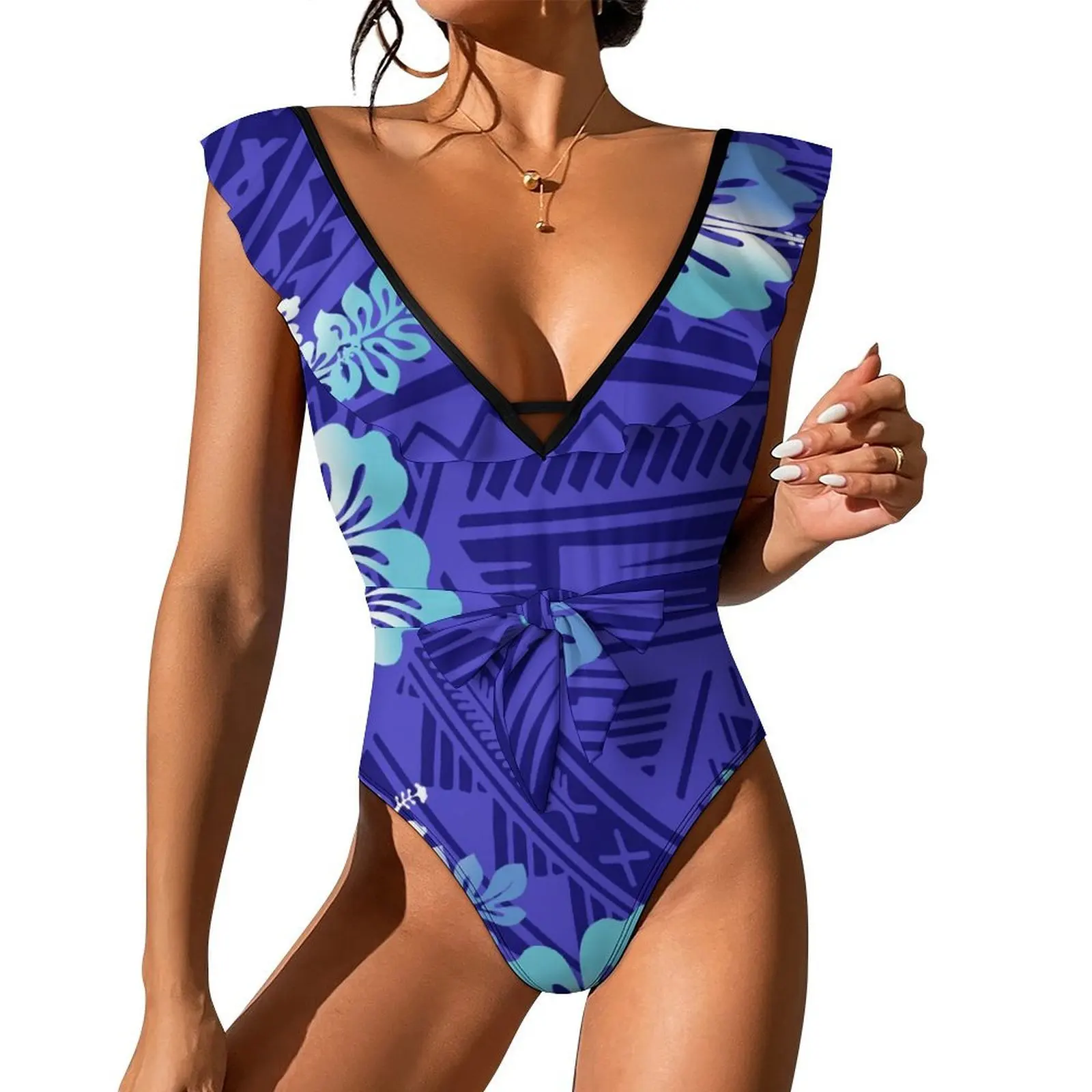 ชุดว่ายน้ําเจียมเนื้อเจียมตัว Retro Polynesian สตรี Hollowed-Out One- Piece ชุดว่ายน้ําที่กําหนดเองชาติพันธุ์พิมพ์ Tropical Surf กีฬาชุดว่ายน้ํา