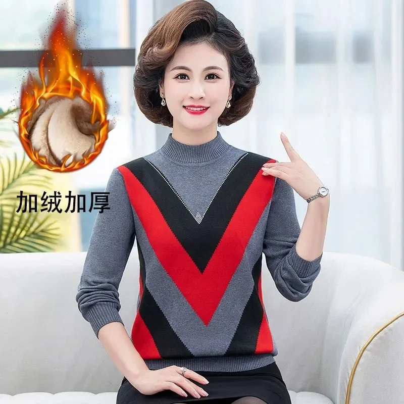 Plus Velvet Middle-Aged And Elderly Women's Sweaters Autumn And Winter New Mother's Short Loose Keep Warm Bottoming Sweater