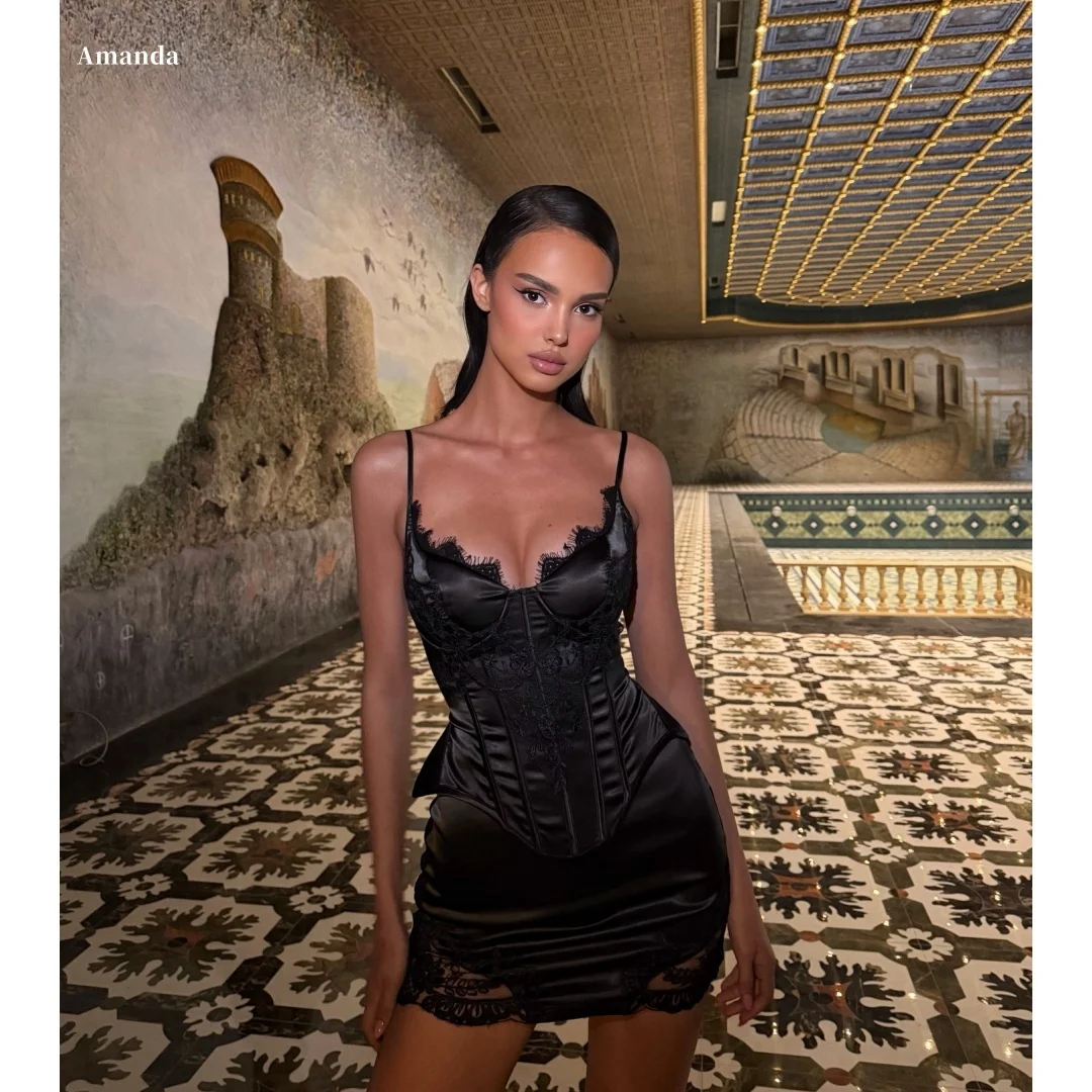 Amanda Customized Black Spaghetti Strap Prom Dress Strapless Backless vestidos de noche Satin MIni Skirt Formal Evening 2025