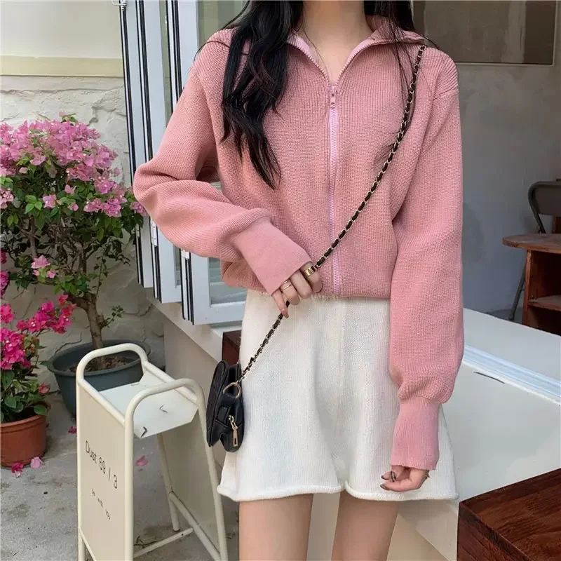 Fashion Zipper Cardigan Loose Simple Versatile Long-sleeved Knitted Cardigan Grey Autumn and Winter Casual Turtleneck Sweater