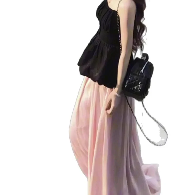 Pink Satin Pants Y2K Shimmering Pearl Thin Half Length Skirt Women Summer Korean Sweet Flowing Loose A-line Skirt Long Pants New