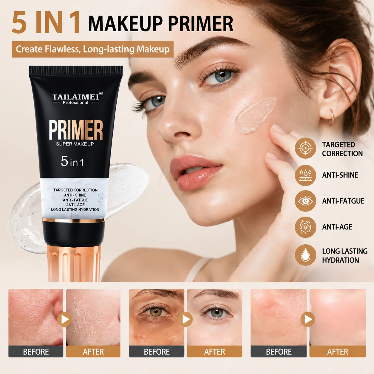 TAILAIMEI 5 In 1 Face Makeup Primer Moisturizing Anti‑Aging Oil Control Pore Concealer Long Lasting Makeup Base Isolation