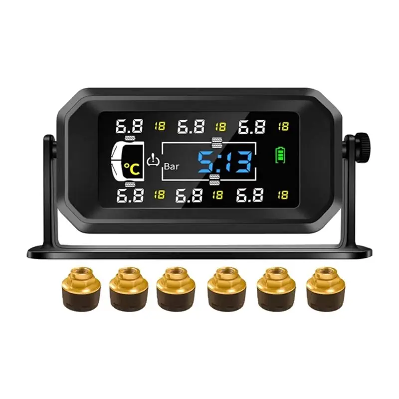 

Car RV Truck TPMS 6 Wheels Sensor Solar Tire Pressure Monitoring System Temperature Clock Air Pressure Display Alarm