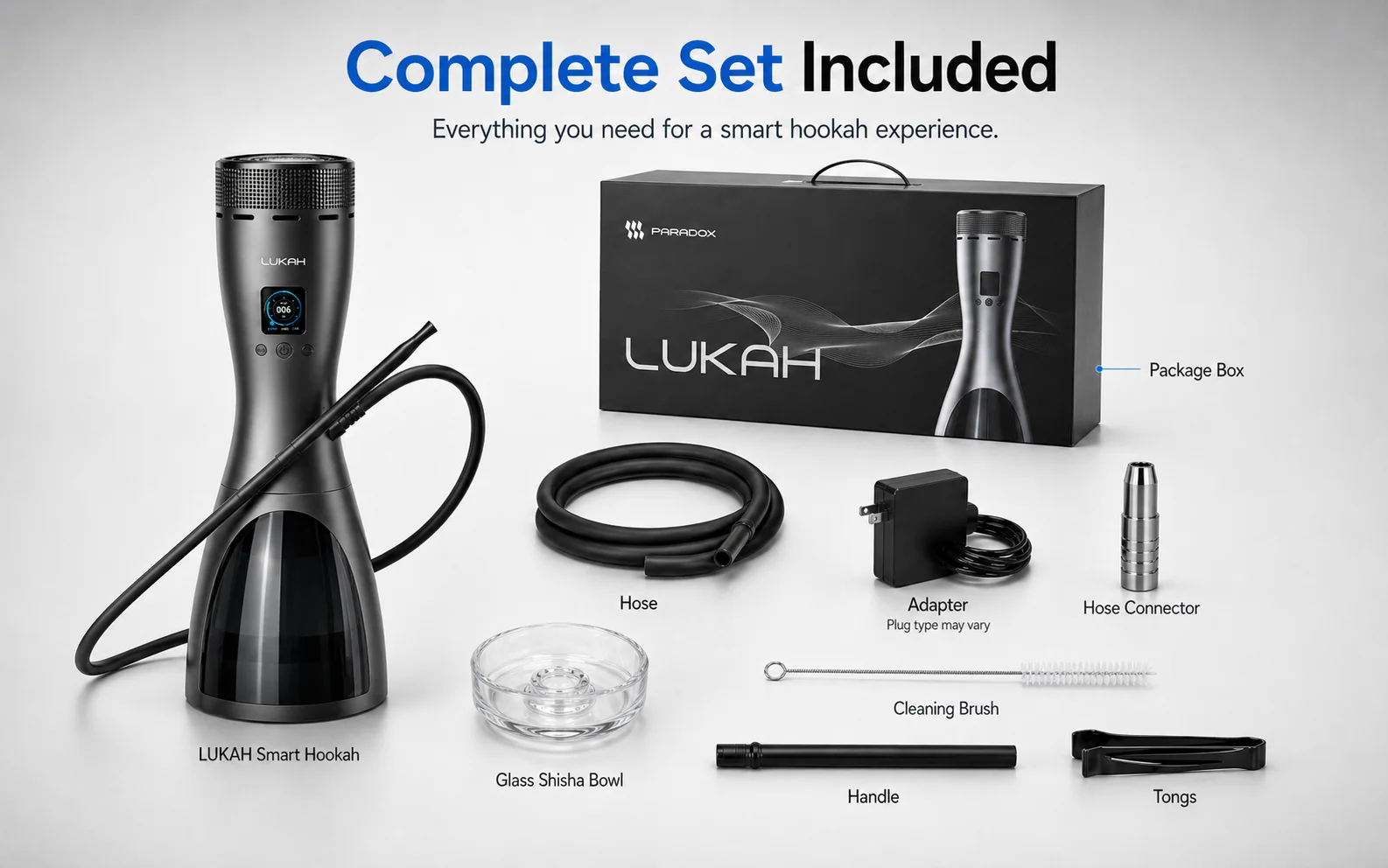 Lukah Electric Hookah Set, Portable Electronic Shisha Kit with LED Lights & Digital Display, Rechargeable E-Hookah Bowl for Trav