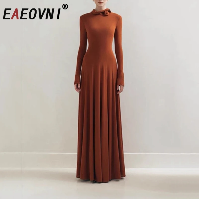 EAEOVNI 3D Fiore Impiombato Design Vestito Delle Donne di Lusso Del Partito di Colore Solido A Vita Alta Pieghe Abiti Lunghi Elegante 2025 Nuovi Abbigliamento