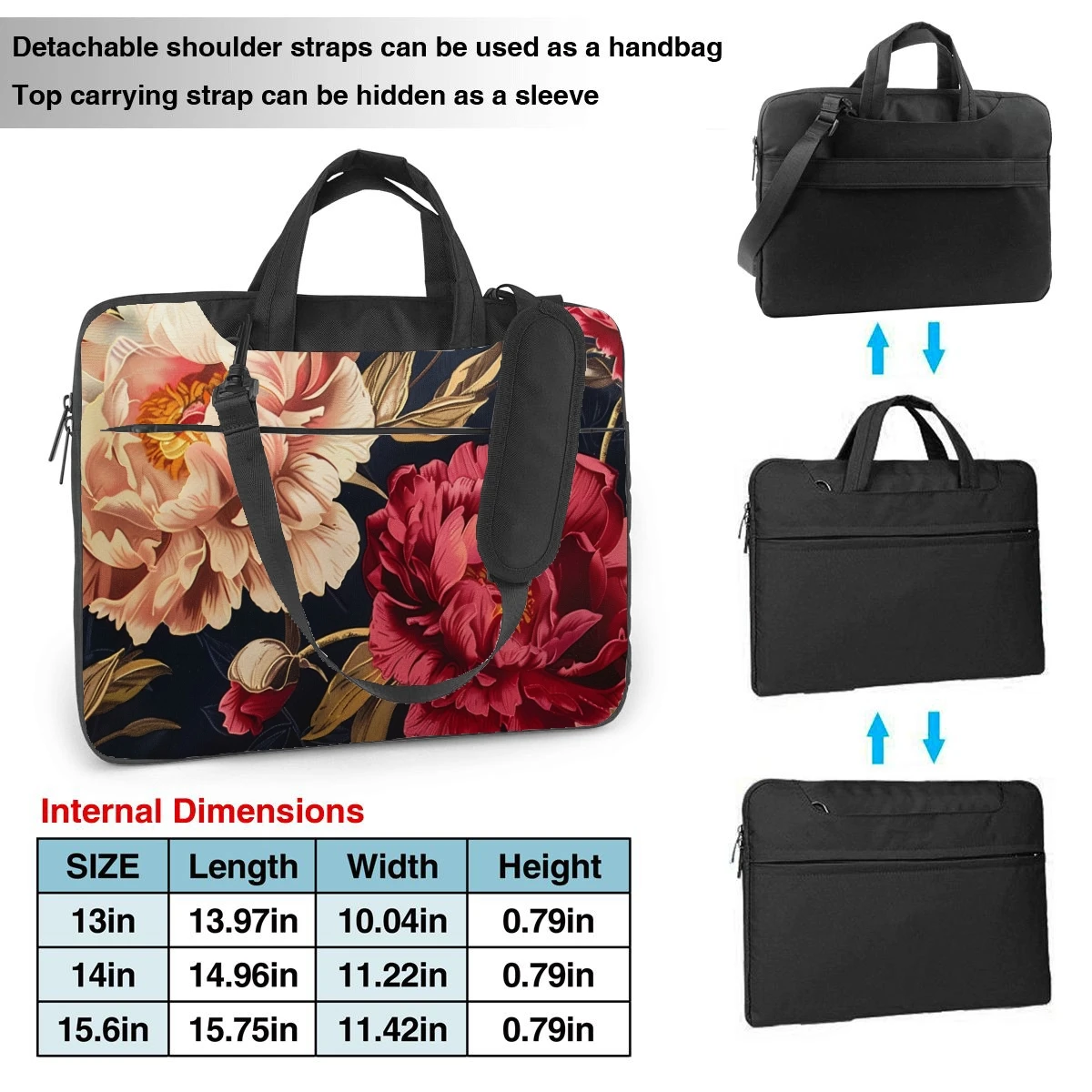 Sacoche pour ordinateur portable à motif floral et fleurs de pivoine, porte-documents à la mode, sac à bandoulière portable ultra-mince, 13 ", 14", 15,6"