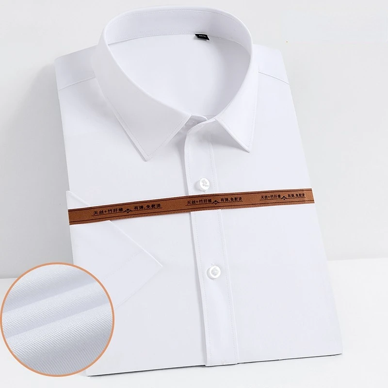 2023 Iron Free Bamboo Fiber Slim Daily Mens Button Up Shirt Short Sleeve  Casual Pure Color Professional White Shirt Wear