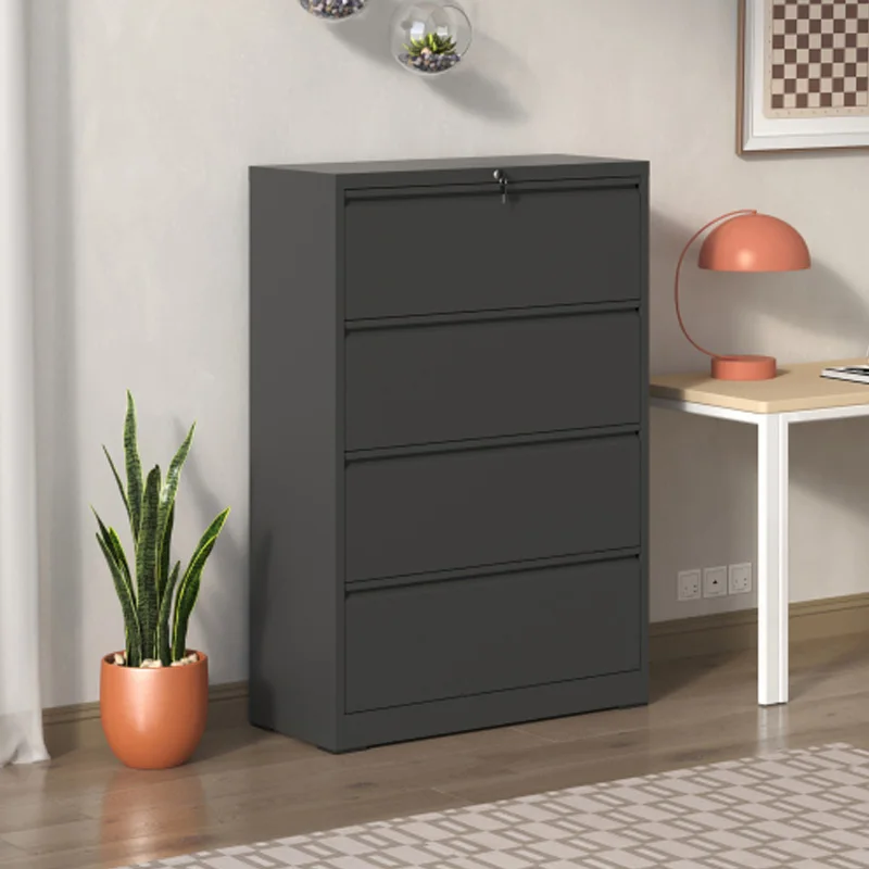 Lateral File Cabinet 4 Drawer, Black Filing Cabinet with Lock, Lockable File Cabinet for Home Office, Locking Metal File Cabinet