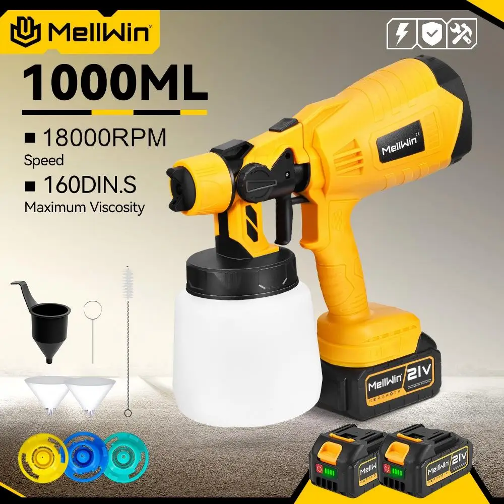 MELLWIN 1000ML Pistola a spruzzo elettrica Spruzzatore di vernice senza fili portatile HVLP Mobili per auto Spruzzatore domestico per Makita 18VBatteria Pin