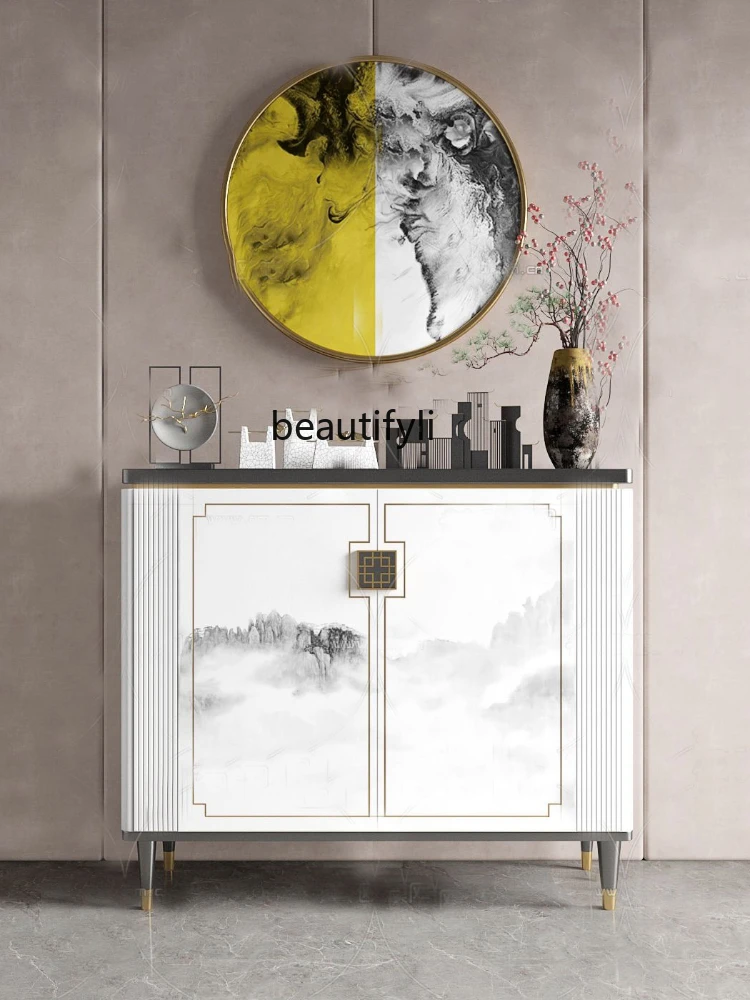 yj New Chinese Style Light Luxury Sideboard Cabinet Popular Painted Art Entrance Cabinet Solid Wood Double Door Shoe Cabinet