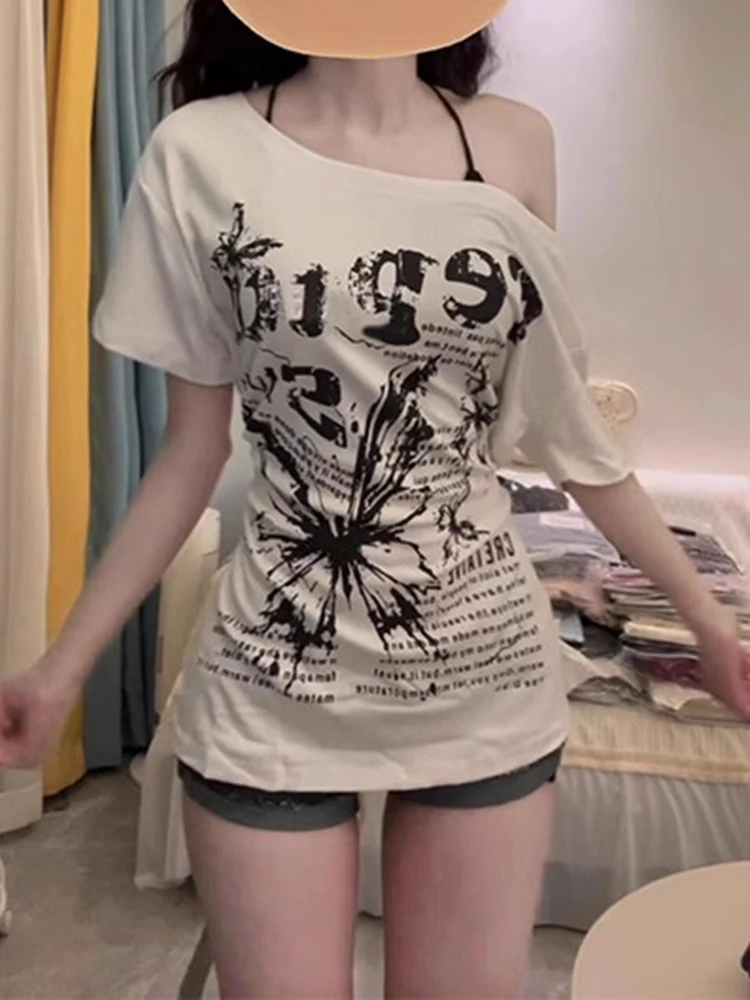 

Свободная футболка с узлом и принтом ort Sve, женская летняя футболка больших размеров, универсальная универсальная футболка с открытыми плечами, закрывающая талию...