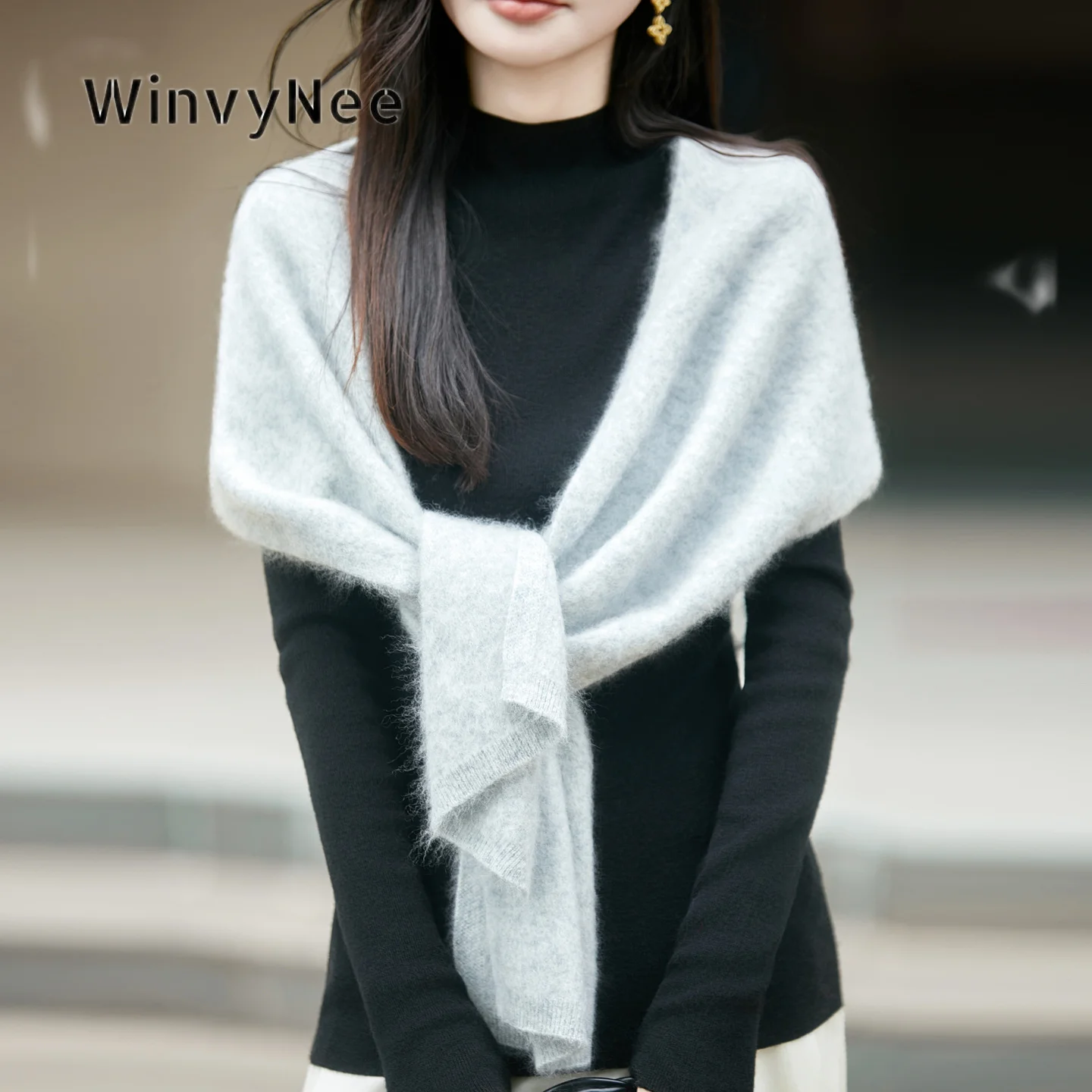 WinvyNee Women Soft Fluffy Knitted Shawl Cashmere Open Shoulder Wrap Brushed Fabric Autumn Winter Classic Layering Item G1743018