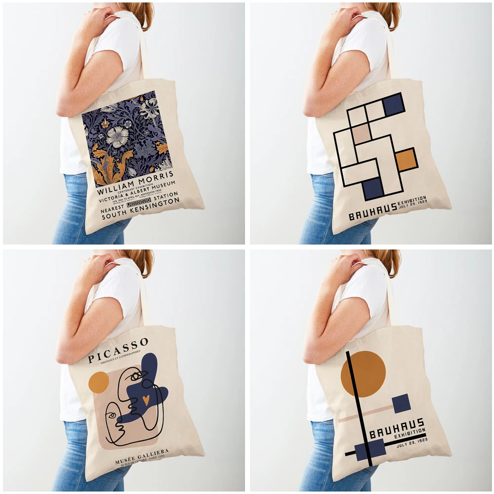 Double Print William Morris Flower Matisse Bauhaus Abstract Lady Tote Handbag Canvas Women Shopping Bags Supermarket Shopper Bag