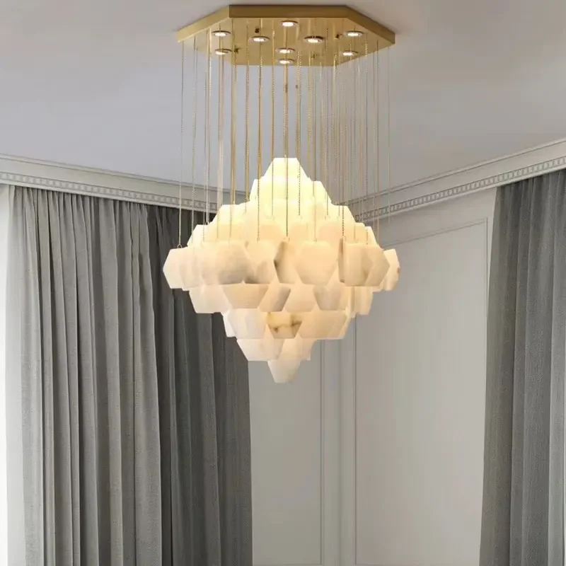 

Nordic Modern Style Brass Large Ceiling Chandelier For Hall Living Room Villa Duplex Hotel Decoration Marble Lamp Home Decor