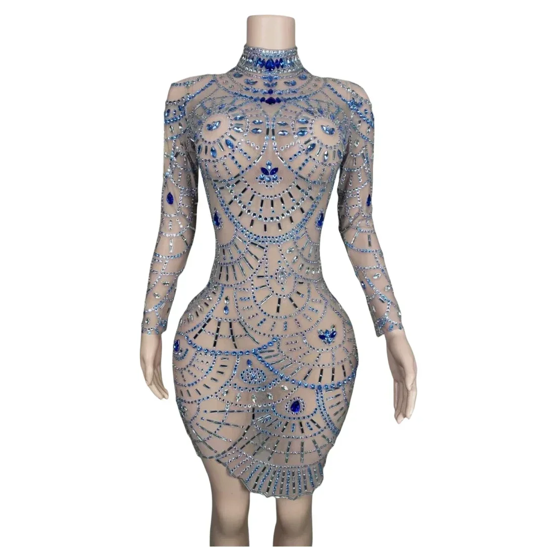 

Sparkly Gem Rhinestone Birthday Queen Women Mini Dress Long Sleeve Shinning Crystals Party Stage Performance Wear Singer Costume