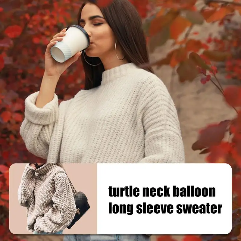 Turtleneck Oversized Sweater Winter Fall Solid Outerwear Knitwear Pullover Balloon Long Sleeve for Ladies Women Girls